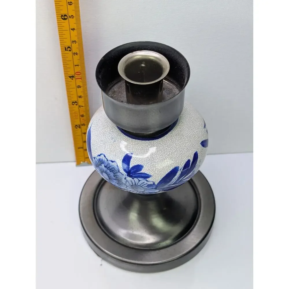 Blue White Floral Crackle Glaze Ceramic Pewter Tone Taper Candle Holder